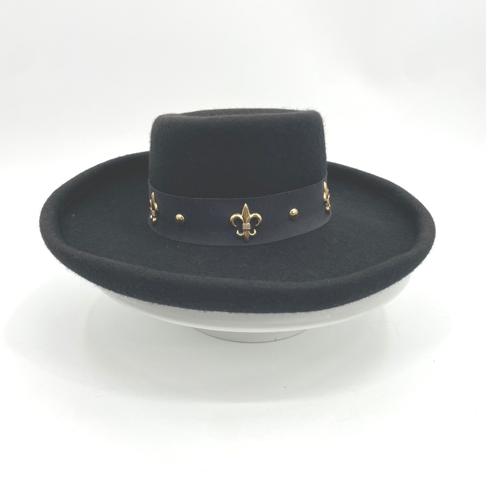 Bollman‎ Doeskin Wool Hat Co Womens OS Black Felt Fleur-de-lis Vintage Boho
